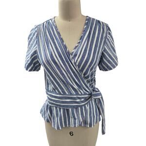 MAX STUDIO Blue White Stripe Wrap Top Linen Blend NWT Coastal Chic S